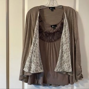 Women’s Medium AB Studio Taupe Two Piece Enhanced Top & Lace Trimmed Cardigan